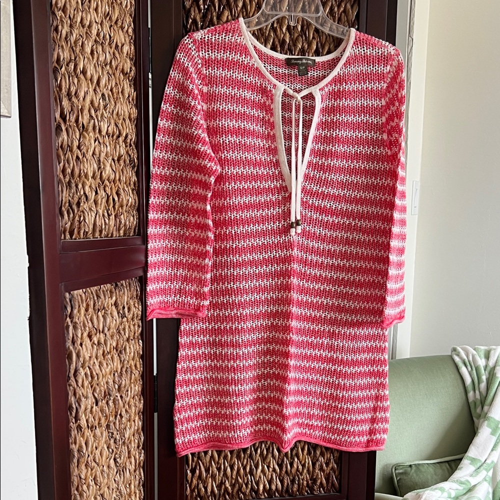 Tommy Bahama Coral Pink and White Knit Top or cover up classy S fits like Med